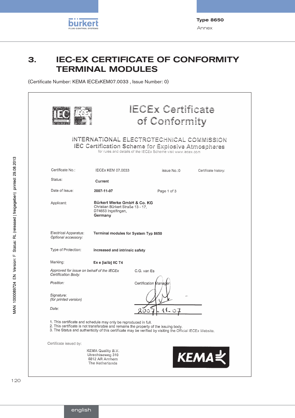 Iec-ex certificate of conformity terminal modules, Iec-ex.certificate.of.conformity.terminal.modules | Burkert Type 8650 User Manual | Page 120 / 156