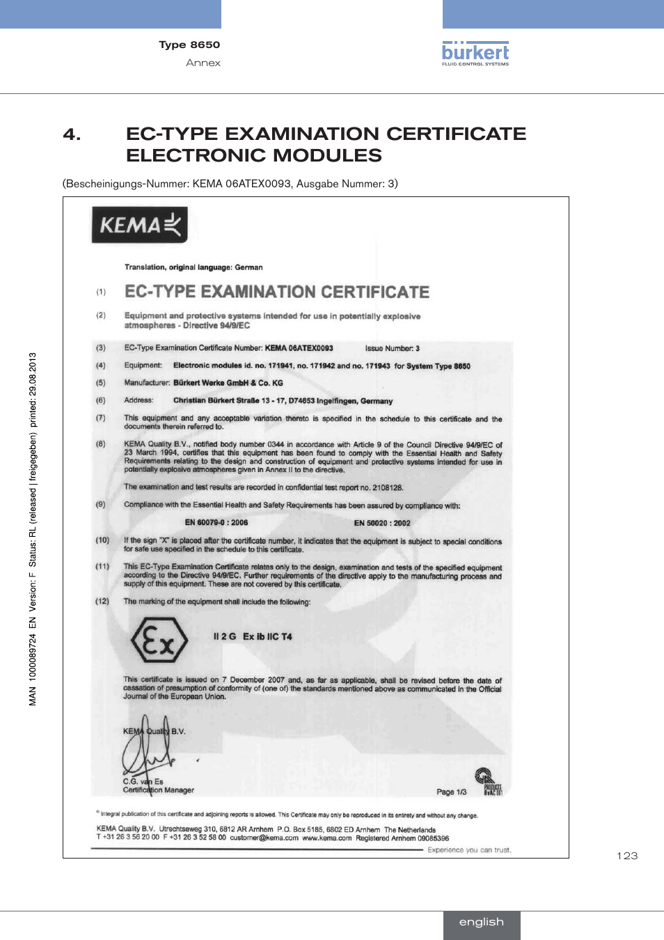 Ec-type examination certificate electronic modules, Ec-type.examination.certificate.electronic.modules | Burkert Type 8650 User Manual | Page 123 / 156