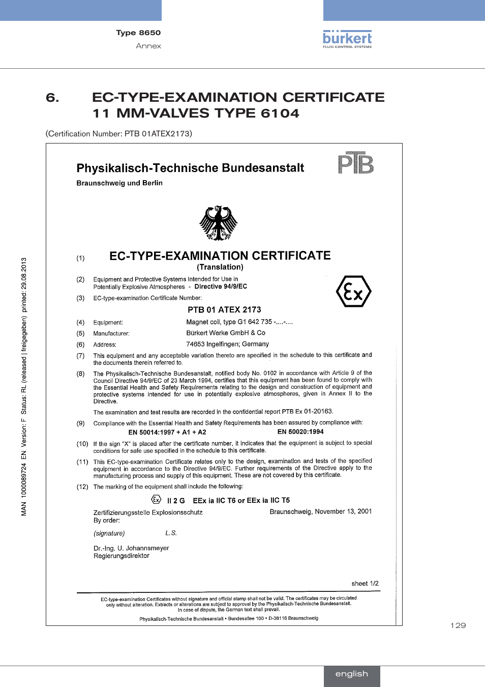 Ec-type-examination.certificate, Mm-valves.type.6104 | Burkert Type 8650 User Manual | Page 129 / 156