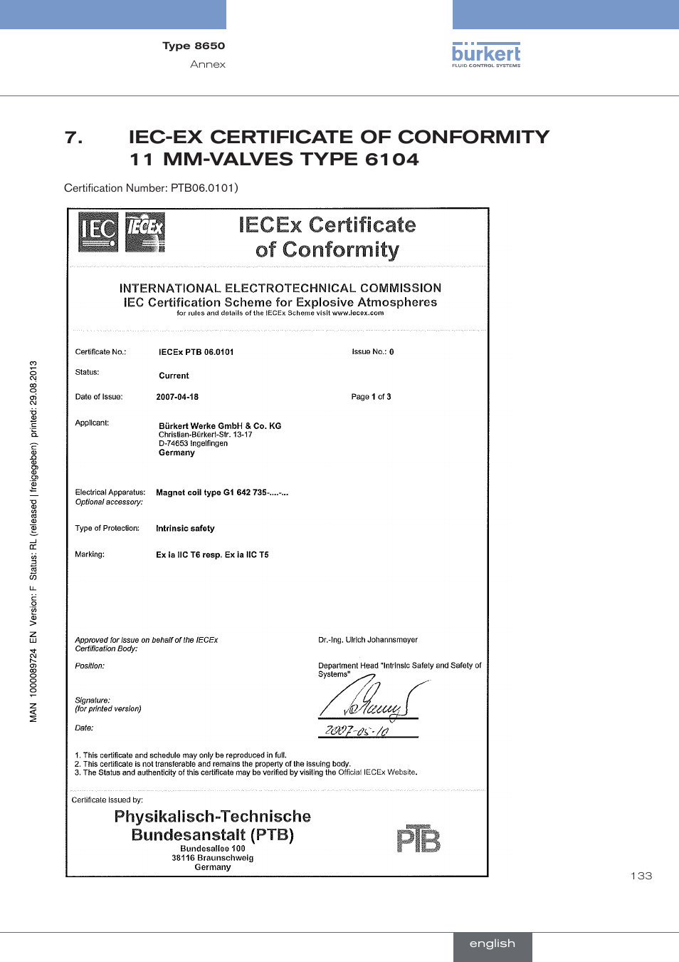 Iec-ex.certificate.of.conformity, Mm-valves.type.6104 | Burkert Type 8650 User Manual | Page 133 / 156