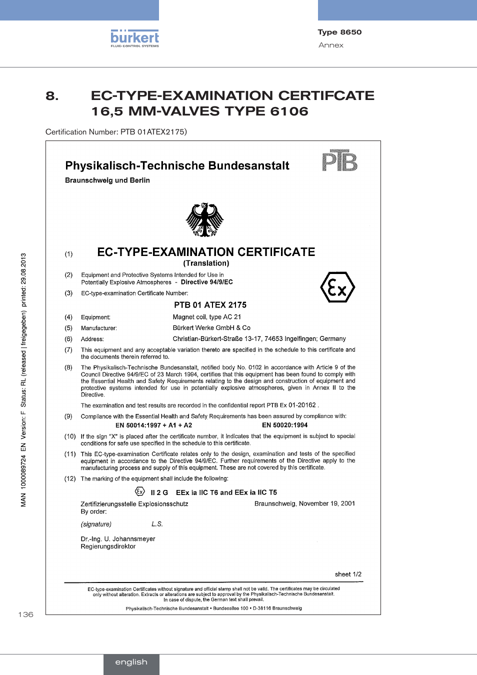 Ec-type-examination.certifcate, 16,5.mm-valves.type.6106 | Burkert Type 8650 User Manual | Page 136 / 156