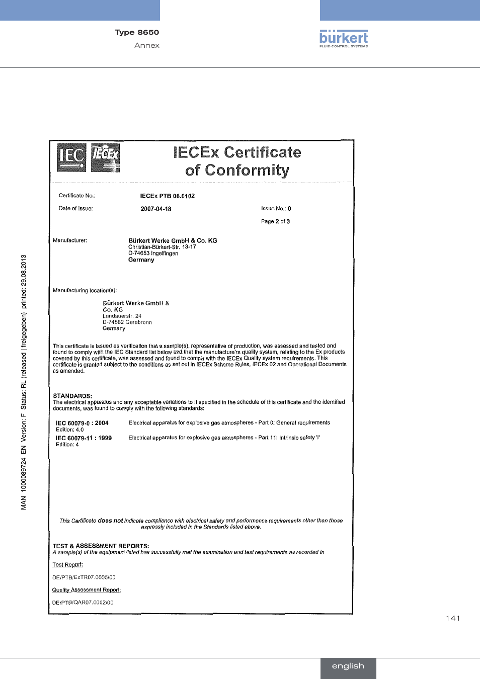 Burkert Type 8650 User Manual | Page 141 / 156