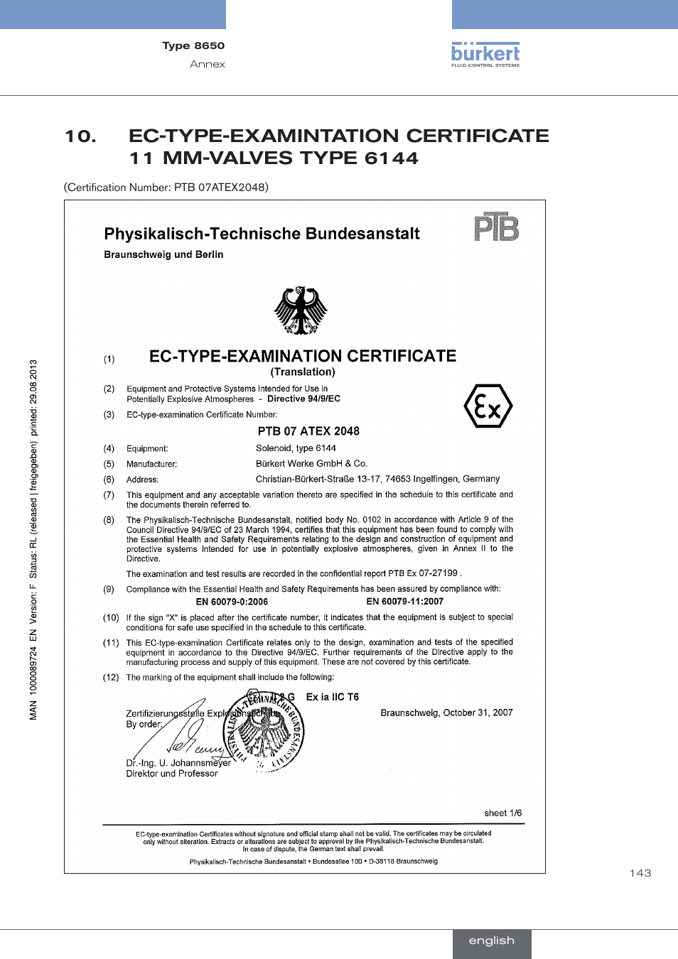 Ec-type-examintation.certificate, Mm-valves.type.6144 | Burkert Type 8650 User Manual | Page 143 / 156