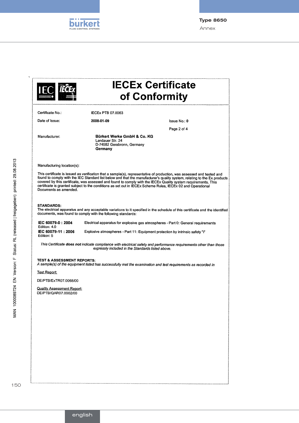 Burkert Type 8650 User Manual | Page 150 / 156