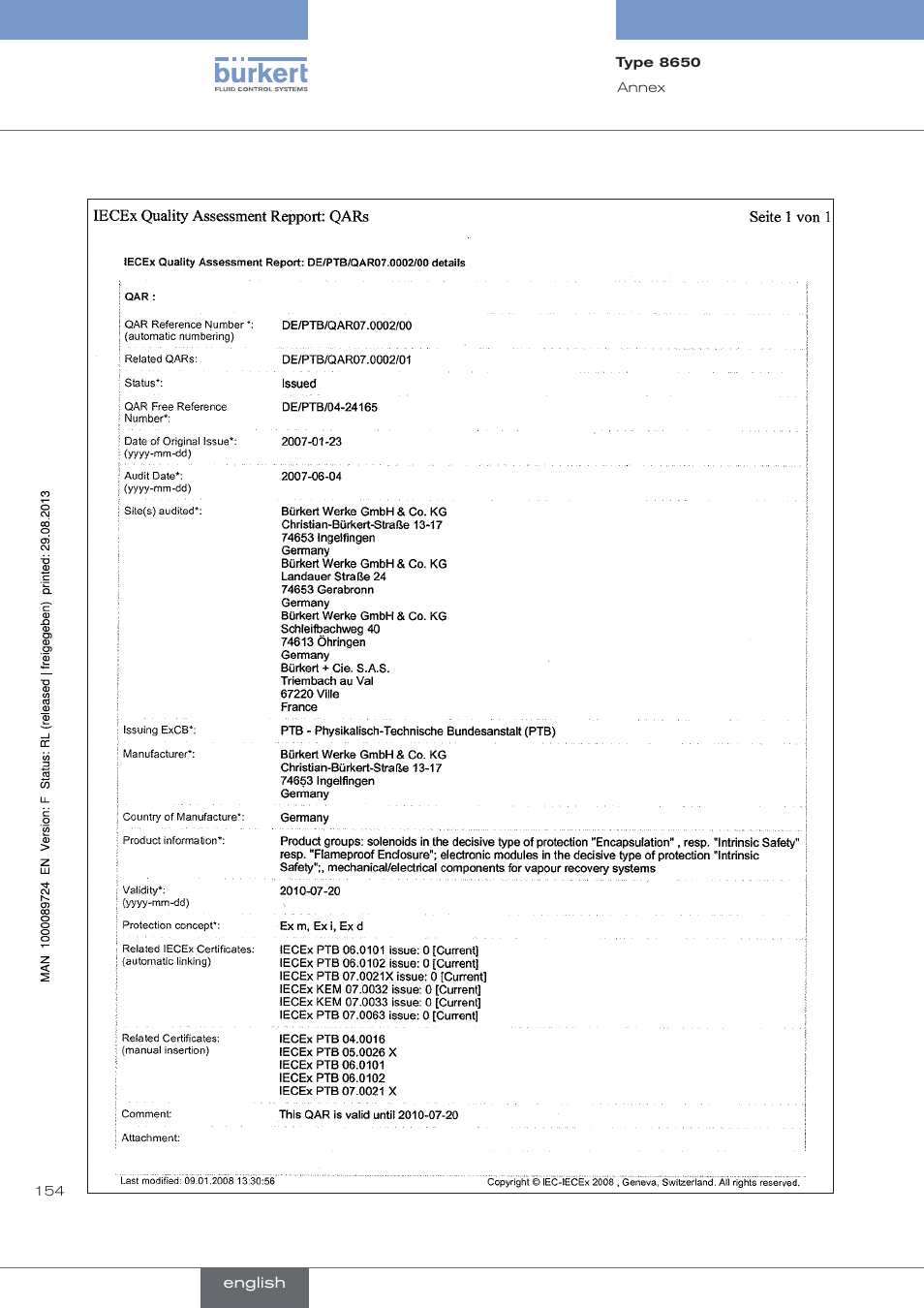 Burkert Type 8650 User Manual | Page 154 / 156