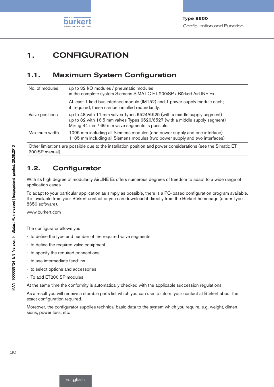 Configuration, Maximum system configuration, Configurator | . maximum.system.configuration, . configurator | Burkert Type 8650 User Manual | Page 20 / 156