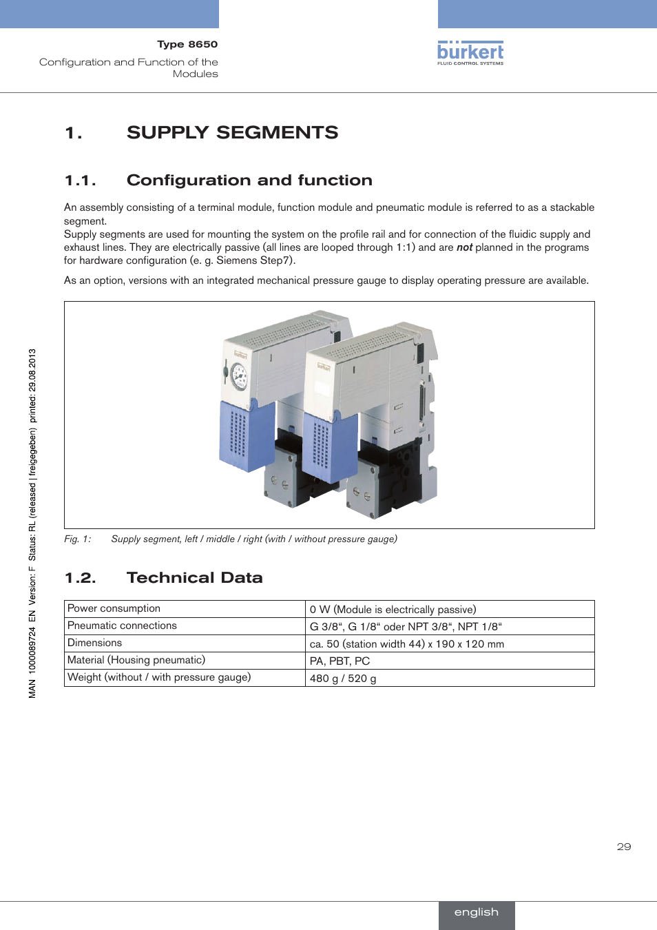 Supply segments, Configuration and function, Technical data | Supply.segments, . configuration.and.function, . technical.data | Burkert Type 8650 User Manual | Page 29 / 156