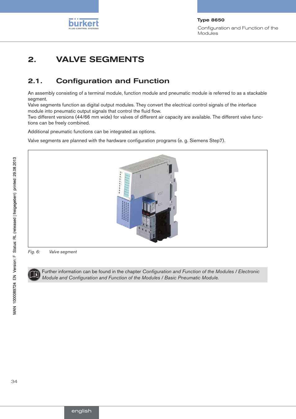 Valve segments, Configuration and function, Valve.segments | . configuration.and.function | Burkert Type 8650 User Manual | Page 34 / 156