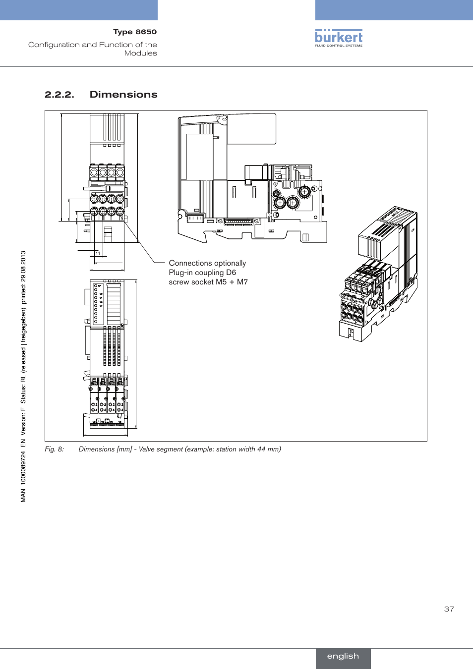 Dimensions | Burkert Type 8650 User Manual | Page 37 / 156