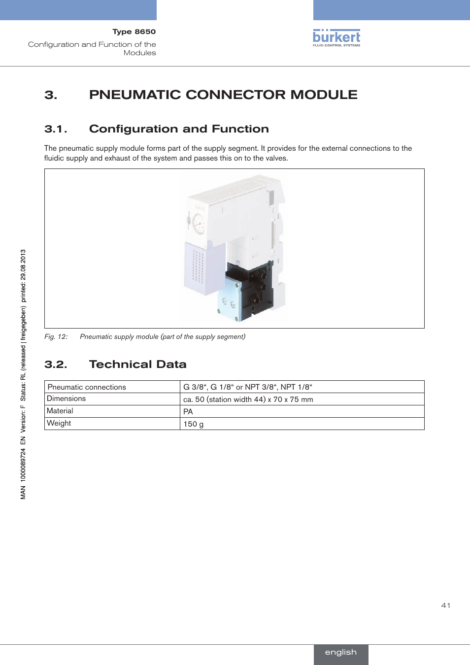 Pneumatic connector module, Configuration and function, Technical data | Pneumatic.connector.module, . configuration.and.function, . technical.data | Burkert Type 8650 User Manual | Page 41 / 156