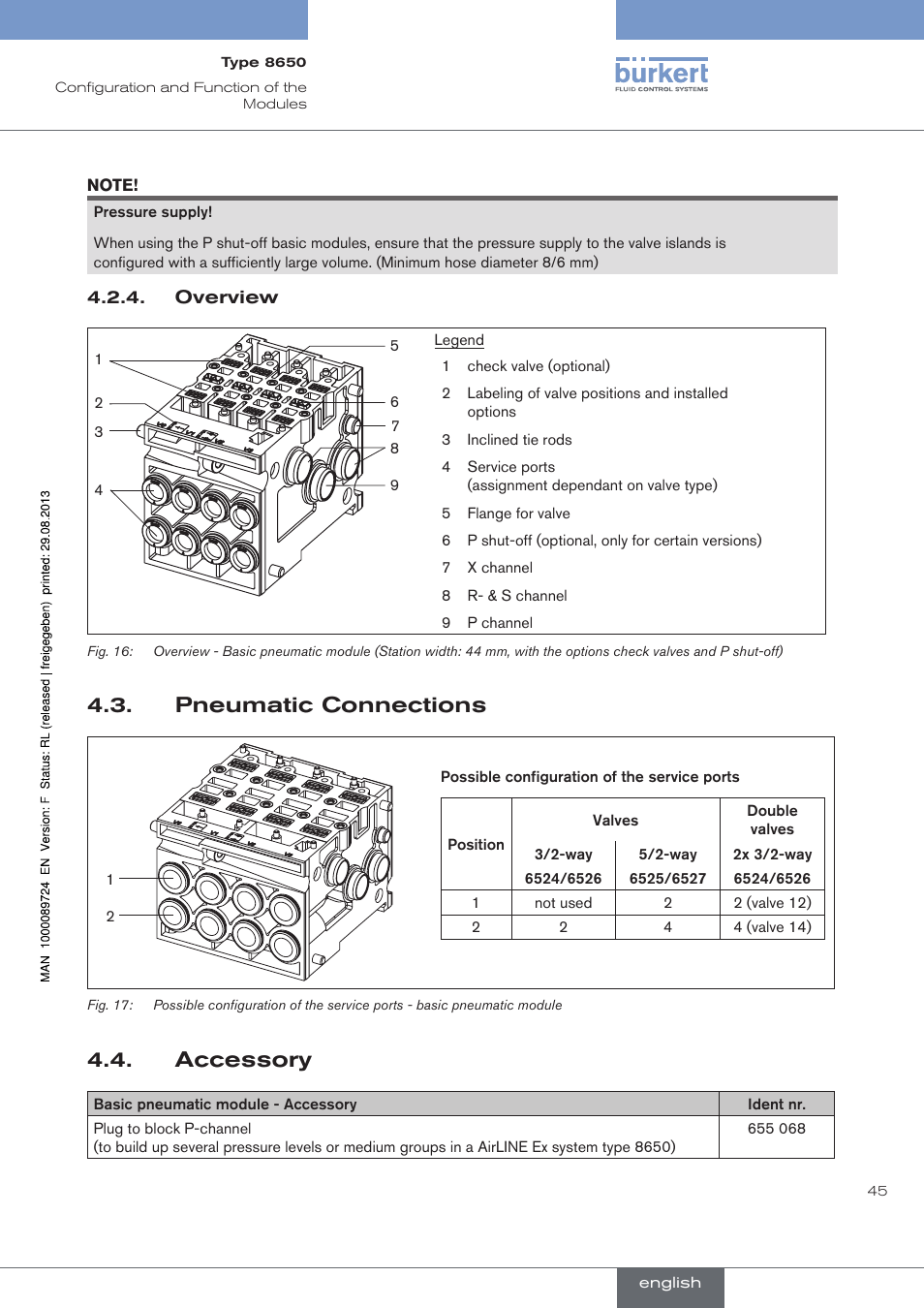 Pneumatic connections, Accessory, . pneumatic.connections | . accessory | Burkert Type 8650 User Manual | Page 45 / 156