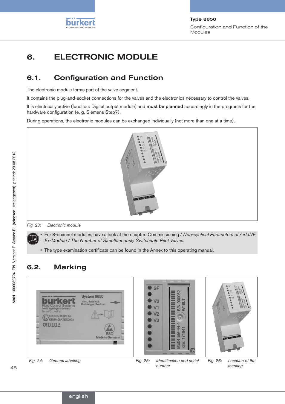Electronic module, Configuration and function, Marking | Electronic.module, . configuration.and.function, . marking | Burkert Type 8650 User Manual | Page 48 / 156