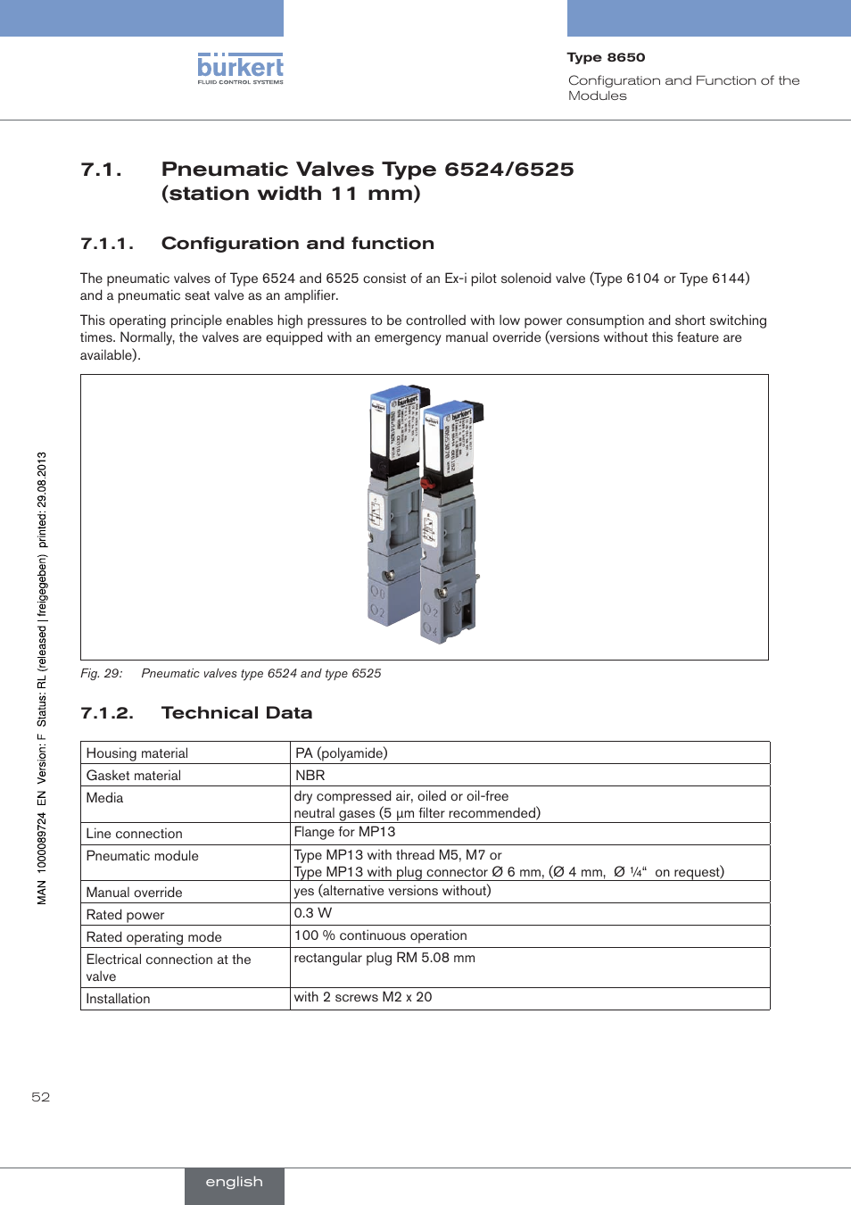 . pneumatic.valves.type.6524/6525, Station.width.11.mm) | Burkert Type 8650 User Manual | Page 52 / 156