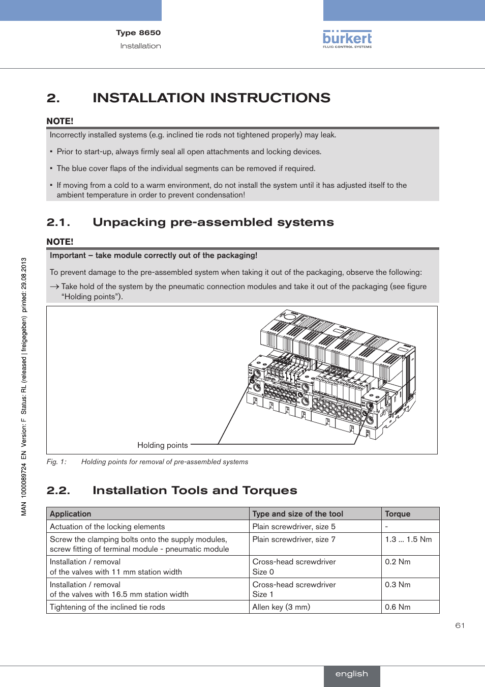 Installation instructions, Unpacking pre-assembled systems, Installation tools and torques | Installation.instructions, . unpacking.pre-assembled.systems, . installation.tools.and.torques | Burkert Type 8650 User Manual | Page 61 / 156