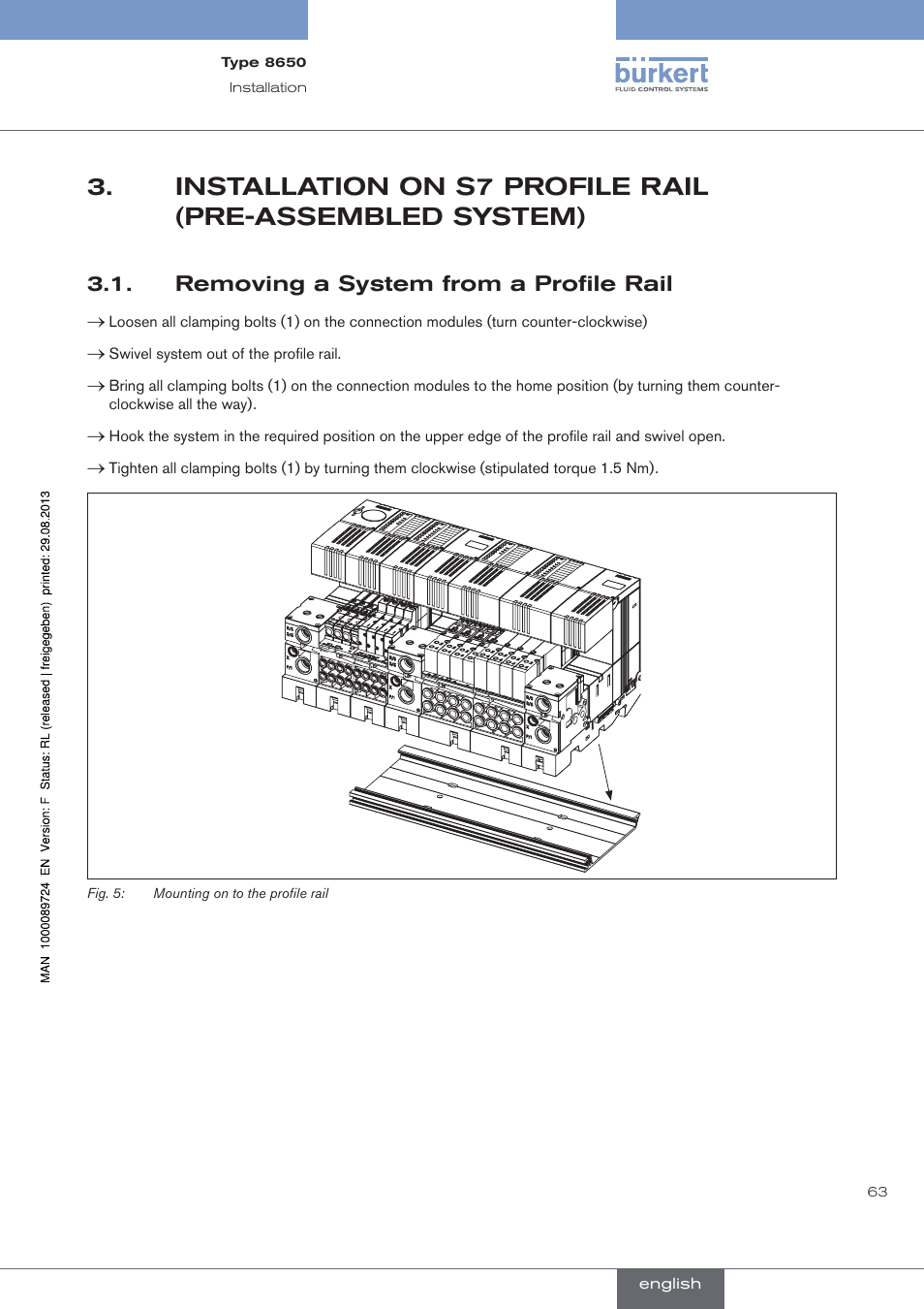 Removing a system from a profile rail, Installation.on.s7.profile.rail, Pre-assembled.system) | . removing.a.system.from.a.profile.rail | Burkert Type 8650 User Manual | Page 63 / 156