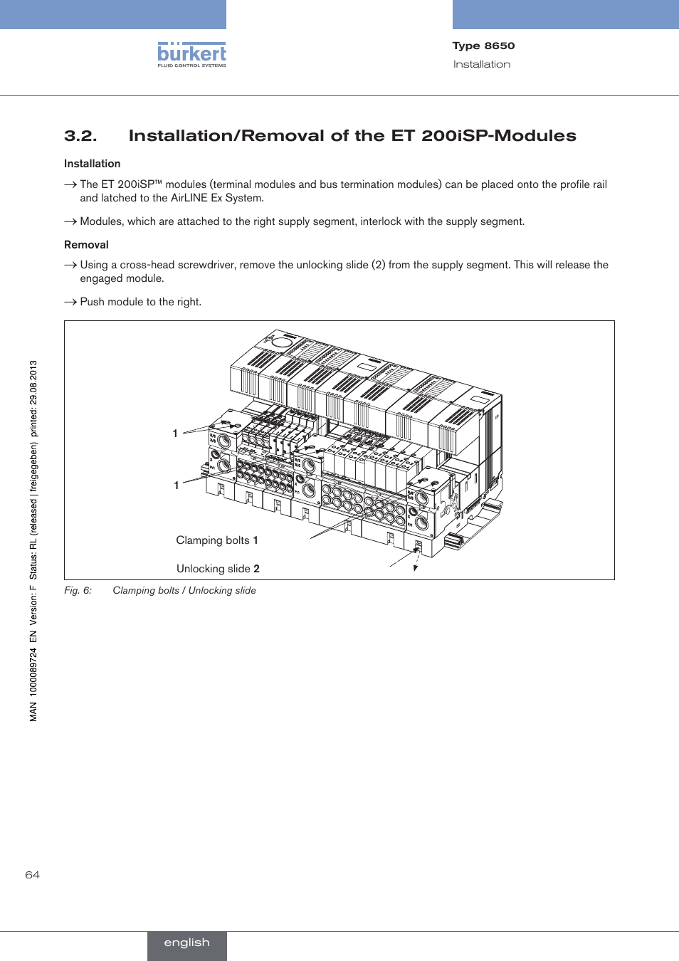 Installation/removal of the et 200isp-modules, . installation/removal.of.the.et.200isp-modules | Burkert Type 8650 User Manual | Page 64 / 156