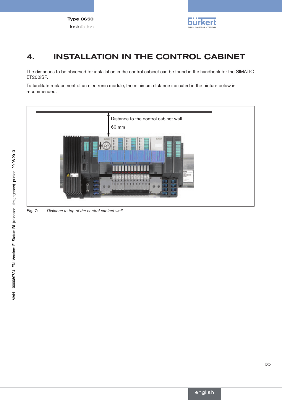 Installation in the control cabinet, Installation.in.the.control.cabinet | Burkert Type 8650 User Manual | Page 65 / 156