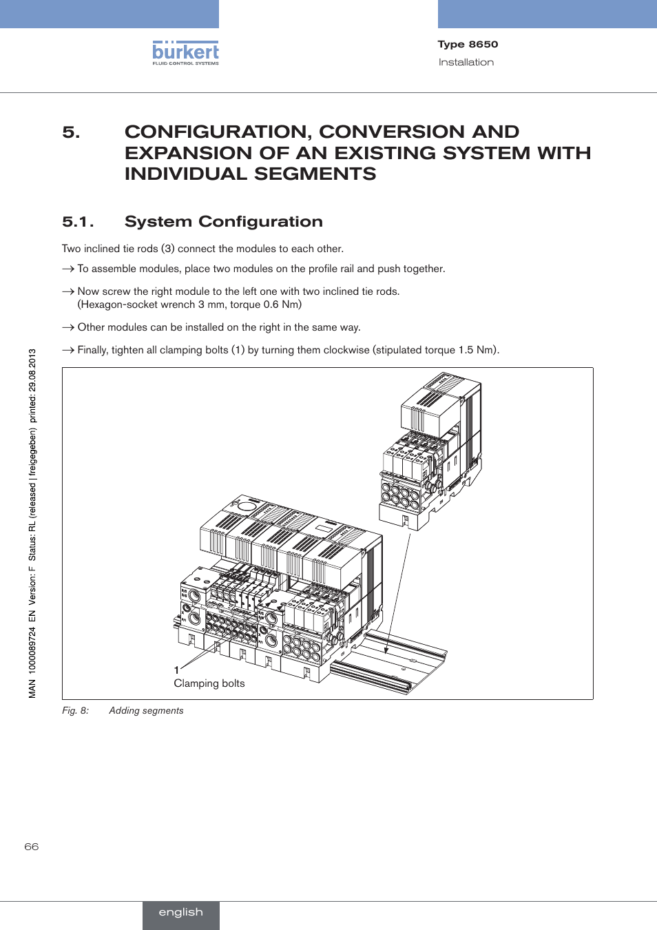 System configuration, Configuration,.conversion.and, Expansion.of.an.existing.system.with | Individual.segments, . system.configuration | Burkert Type 8650 User Manual | Page 66 / 156