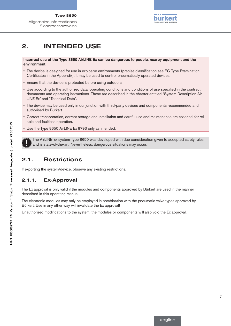 Intended use, Restrictions, Intended.use | . restrictions | Burkert Type 8650 User Manual | Page 7 / 156