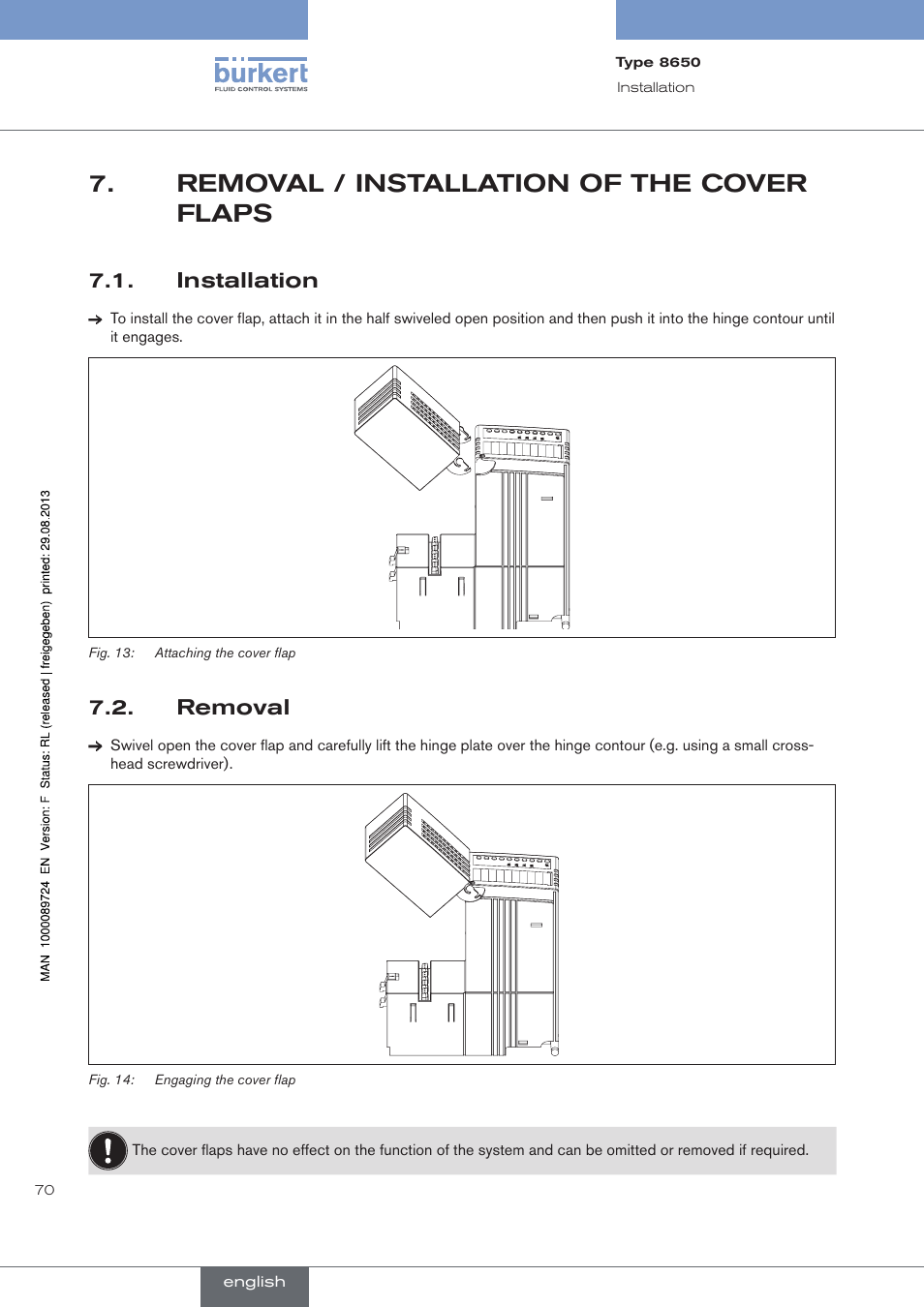Removal / installation of the cover flaps, Installation, Removal | Removal./.installation.of.the.cover.flaps, . installation, . removal | Burkert Type 8650 User Manual | Page 70 / 156