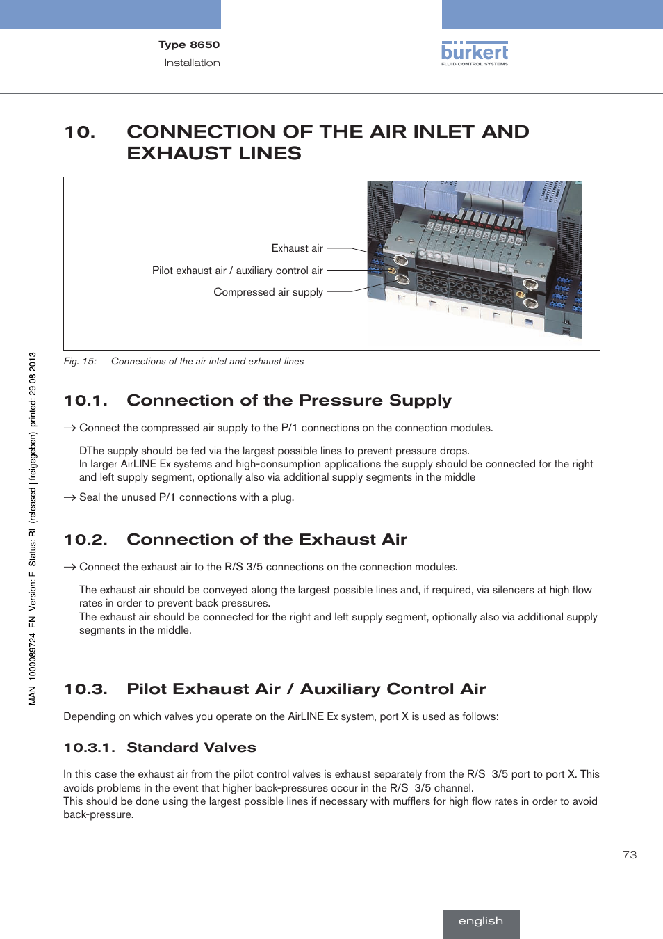 Connection of the air inlet and exhaust lines, Connection of the pressure supply, Connection of the exhaust air | Pilot exhaust air / auxiliary control air, Connection.of.the.air.inlet.and.exhaust.lines, . connection.of.the.pressure.supply, . connection.of.the.exhaust.air, . pilot.exhaust.air./.auxiliary.control.air | Burkert Type 8650 User Manual | Page 73 / 156