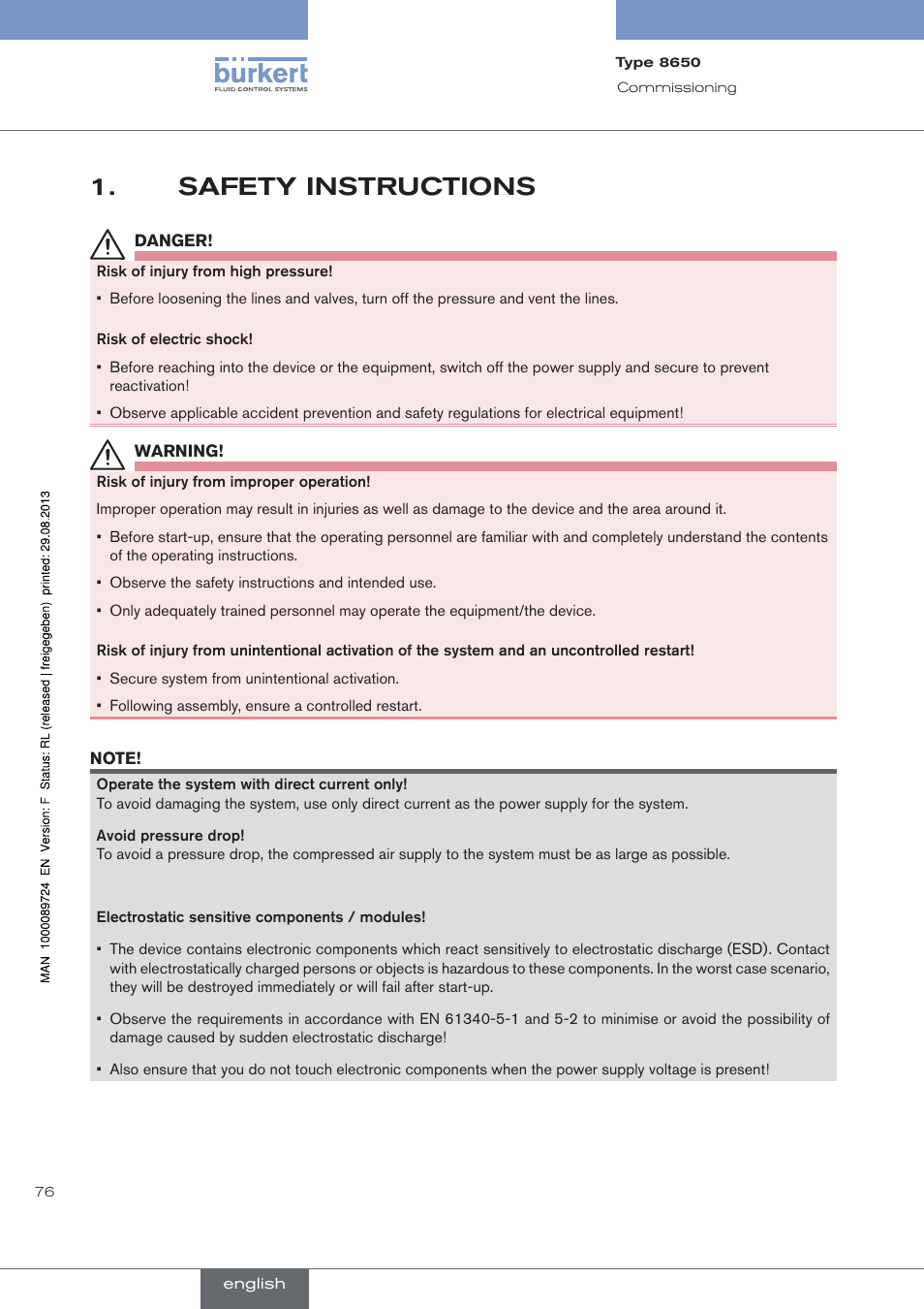 Safety instructions, Safety.instructions | Burkert Type 8650 User Manual | Page 76 / 156