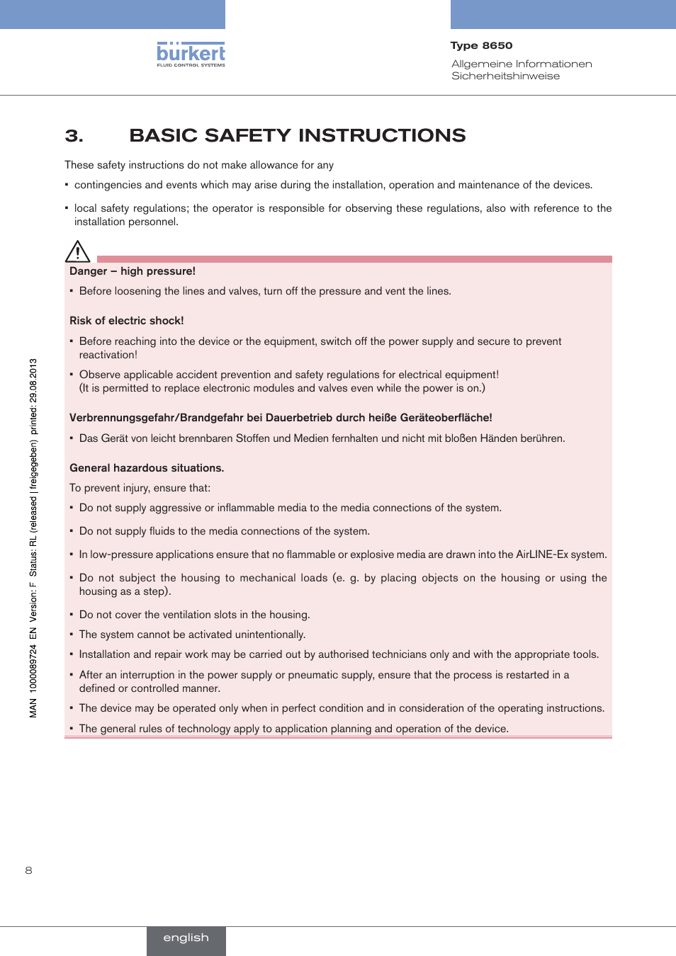 Basic safety instructions, Basic.safety.instructions | Burkert Type 8650 User Manual | Page 8 / 156