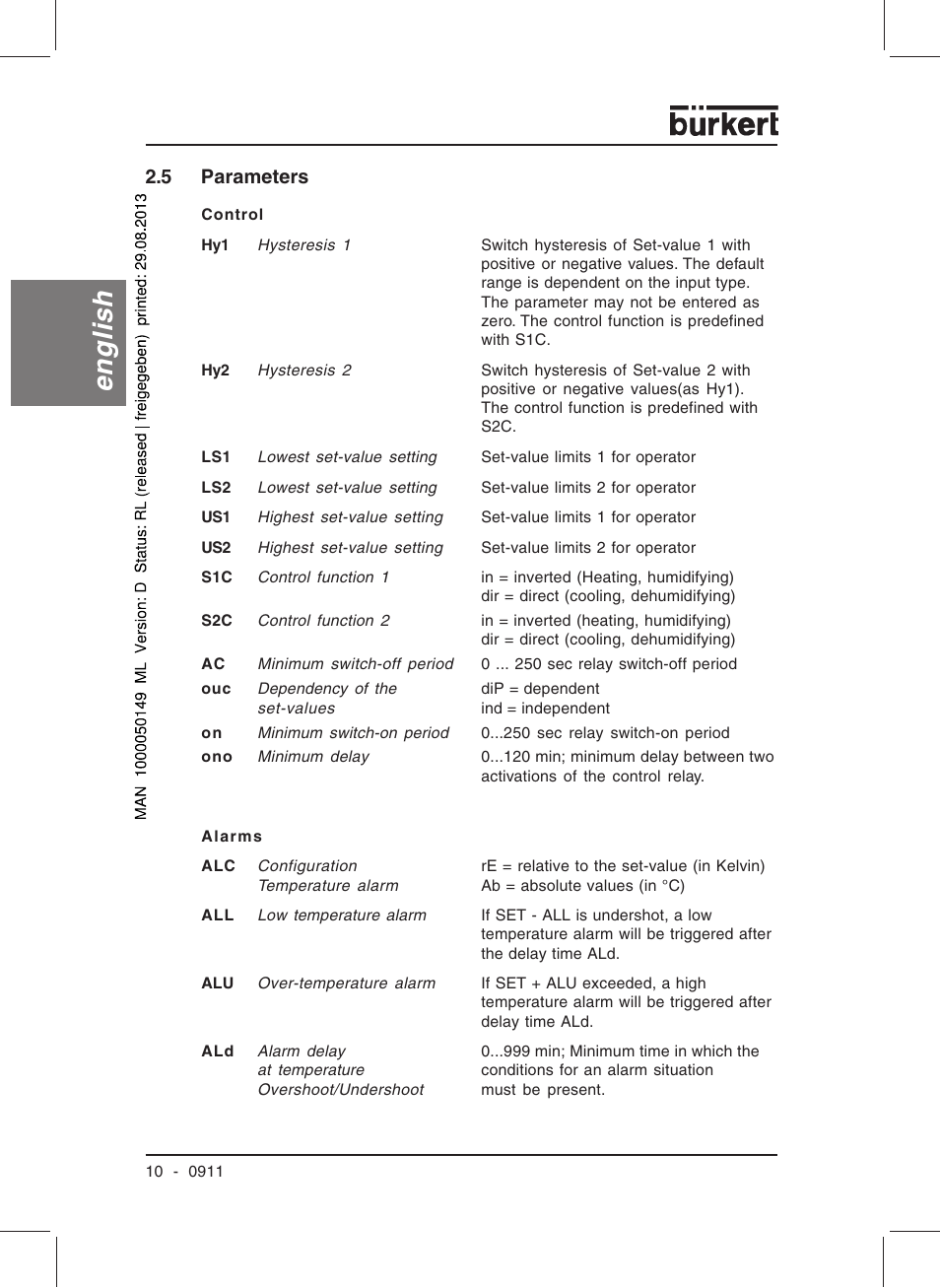 English, 5 parameters | Burkert Type TAT002 User Manual | Page 12 / 76