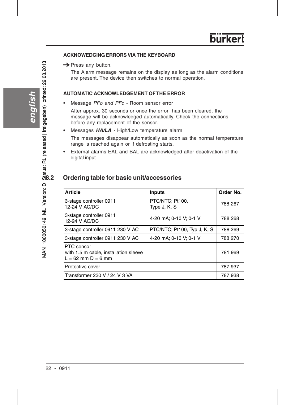 English, 2 ordering table for basic unit/accessories | Burkert Type TAT002 User Manual | Page 24 / 76