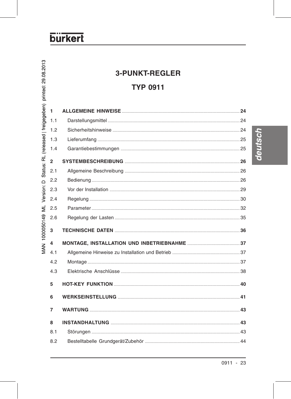 Deutsc h, Punkt-regler typ 0911 | Burkert Type TAT002 User Manual | Page 25 / 76