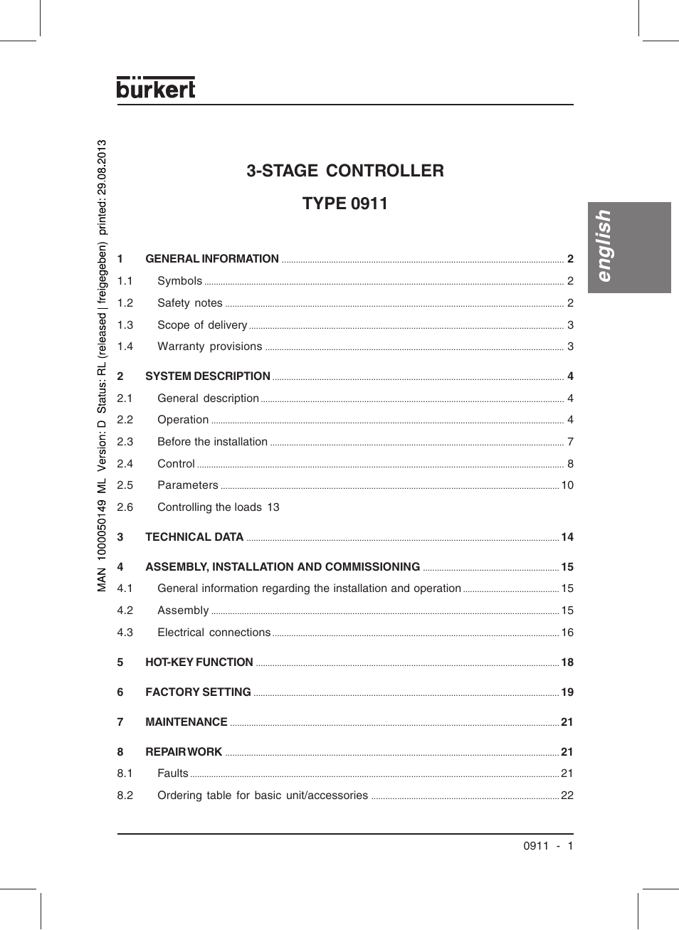 English, Stage controller type 0911 | Burkert Type TAT002 User Manual | Page 3 / 76