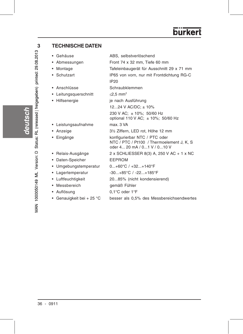 Deutsc h, 3technische daten | Burkert Type TAT002 User Manual | Page 38 / 76