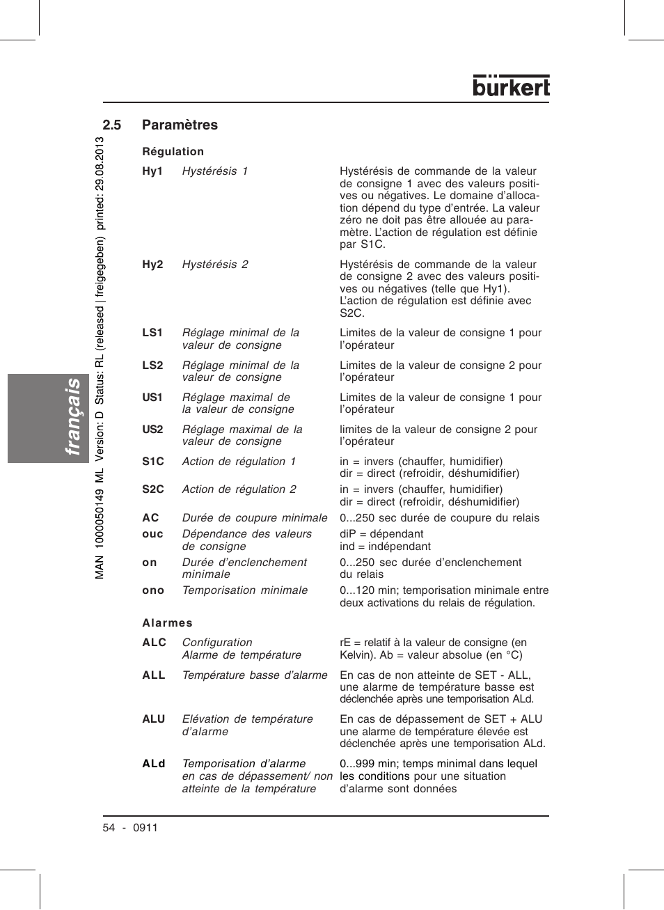Français, 5 paramètres | Burkert Type TAT002 User Manual | Page 56 / 76