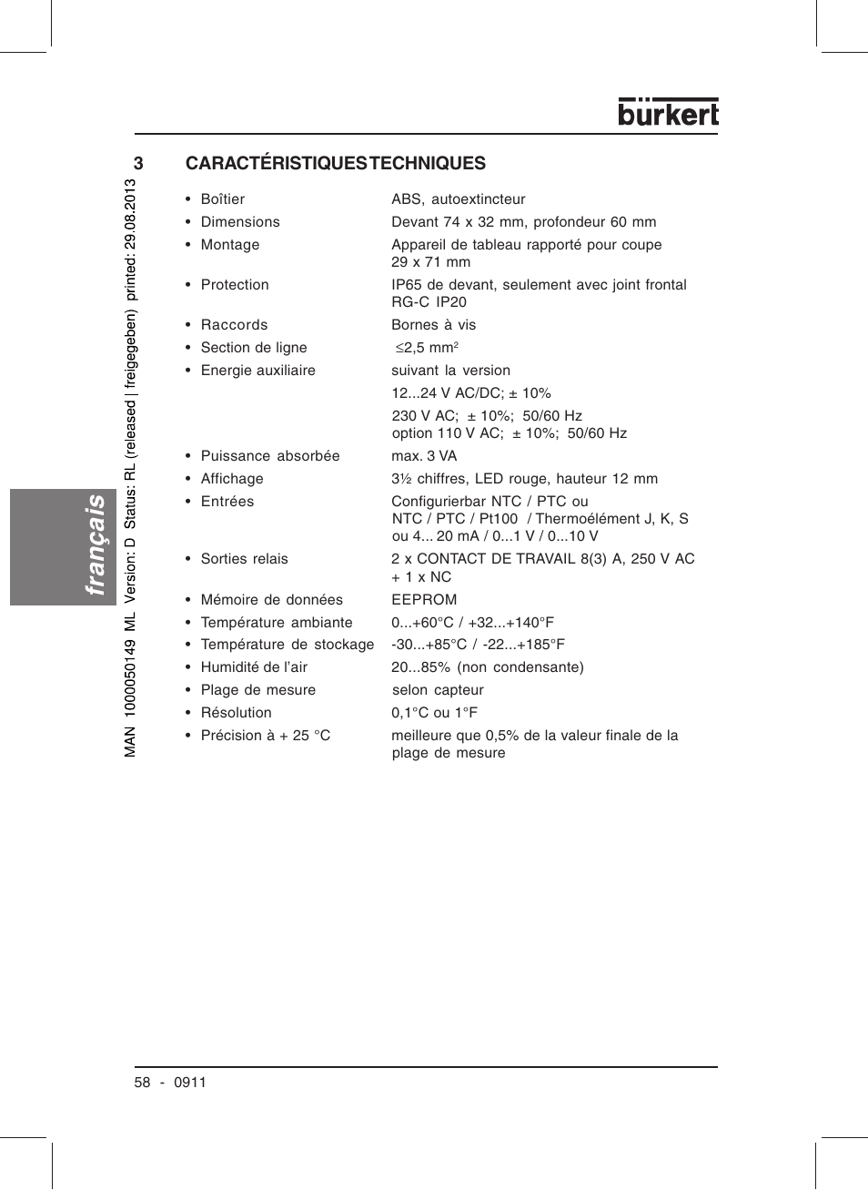 Français, 3caractéristiques techniques | Burkert Type TAT002 User Manual | Page 60 / 76