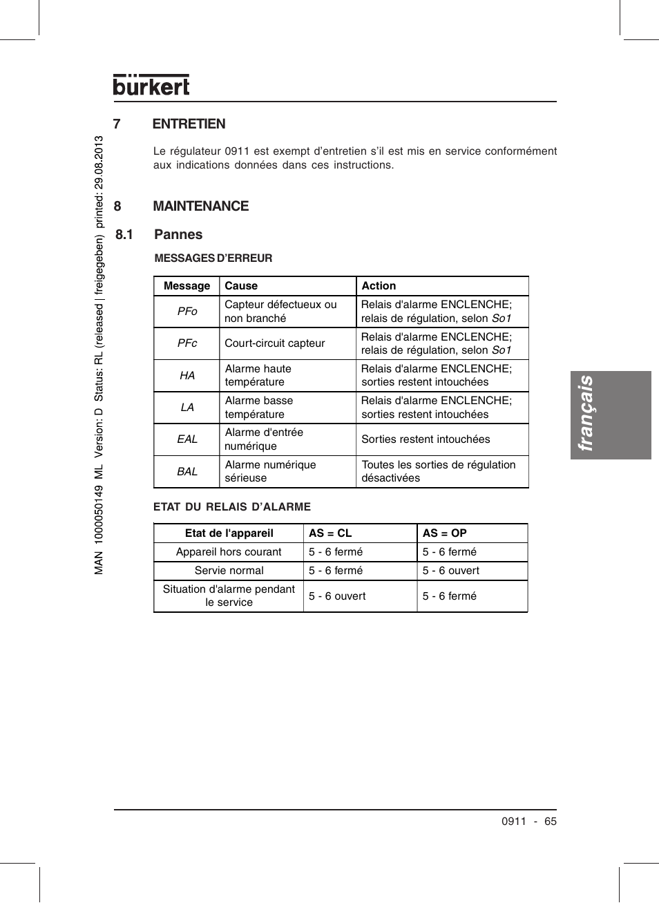 Français, 7entretien, 8maintenance 8.1 pannes | Burkert Type TAT002 User Manual | Page 67 / 76