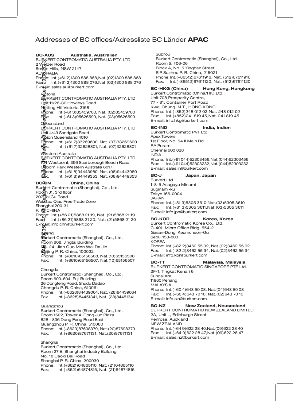 Addresses of bc offices/adressliste bc länder apac | Burkert Type TAT002 User Manual | Page 71 / 76