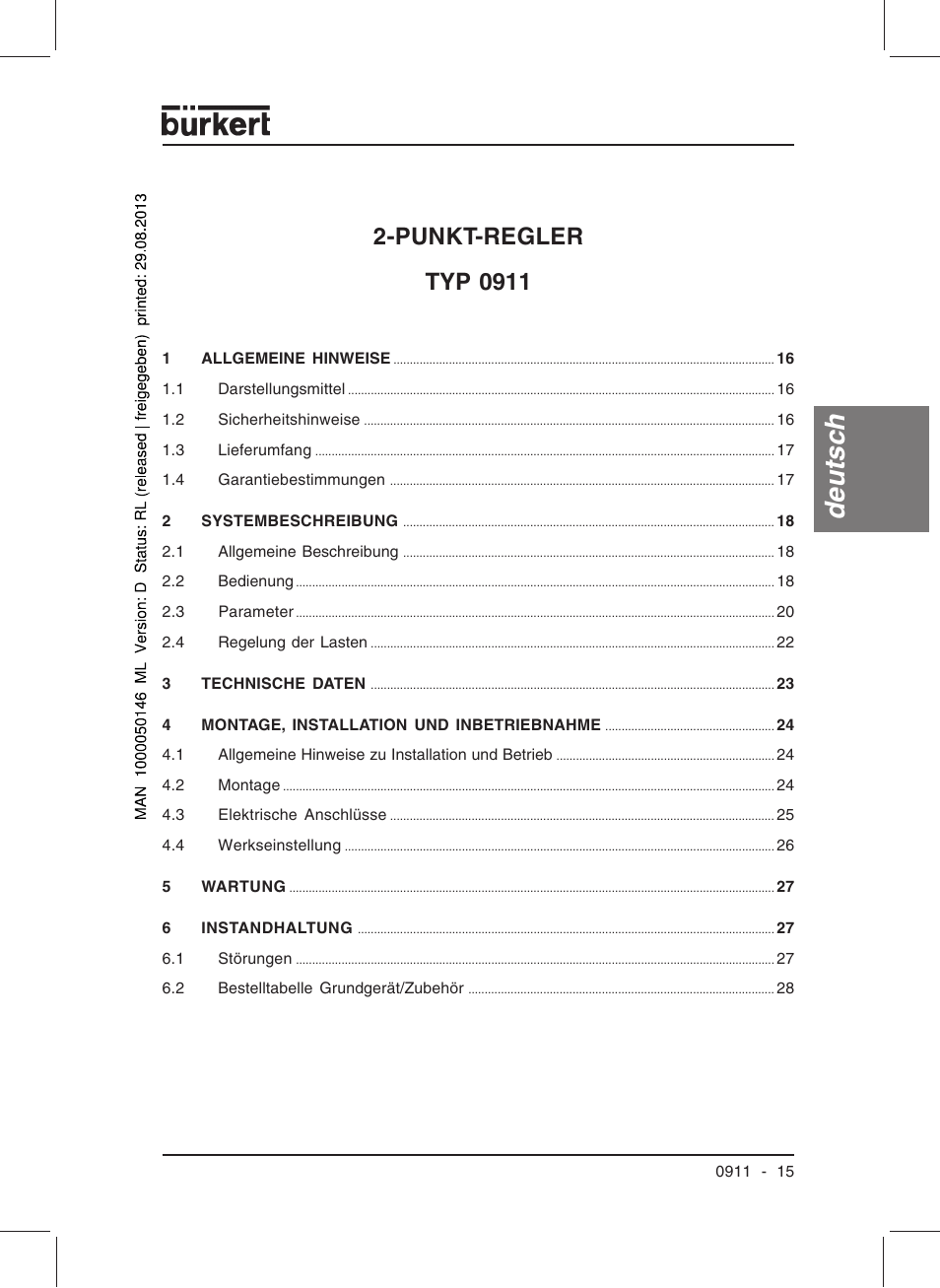 Deutsc h, Punkt-regler typ 0911 | Burkert Type TAT002 User Manual | Page 17 / 46