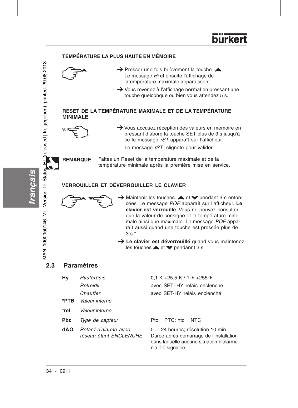 Français, 3 paramètres | Burkert Type TAT002 User Manual | Page 36 / 46