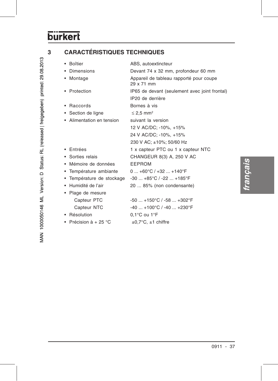 Français, 3caractéristiques techniques | Burkert Type TAT002 User Manual | Page 39 / 46