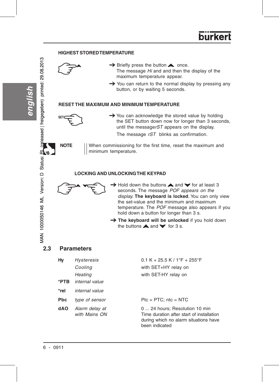 English, 3 parameters | Burkert Type TAT002 User Manual | Page 8 / 46