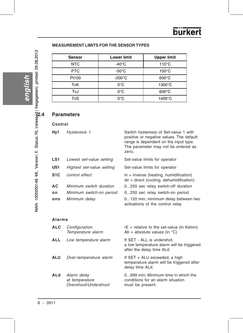 English, 4 parameters | Burkert Type TAT002 User Manual | Page 10 / 64