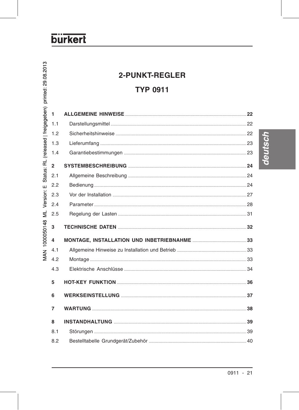 Deutsc h, Punkt-regler typ 0911 | Burkert Type TAT002 User Manual | Page 23 / 64