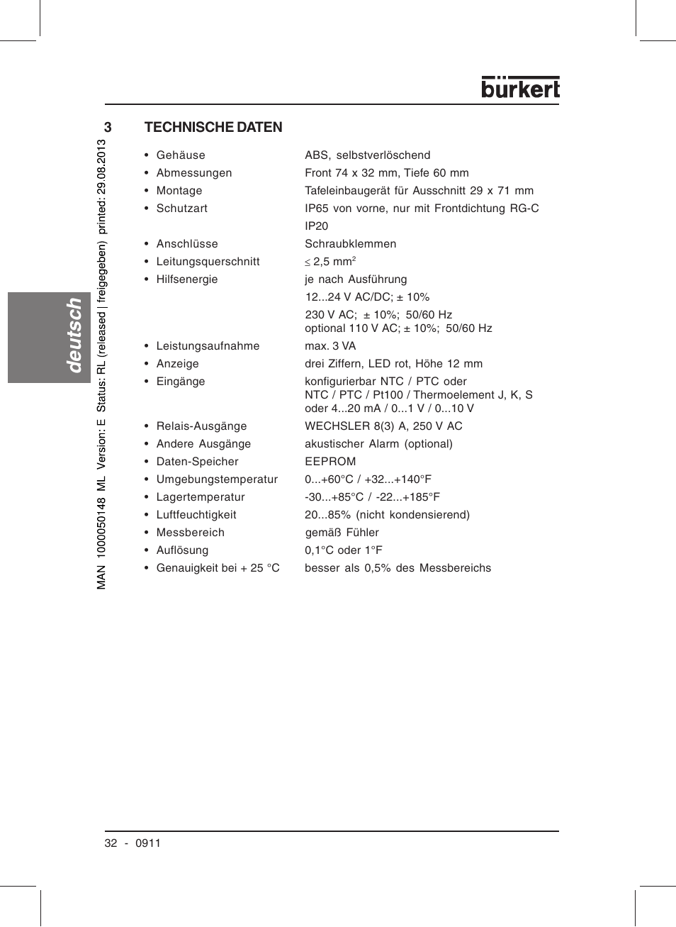 Deutsc h, 3technische daten | Burkert Type TAT002 User Manual | Page 34 / 64