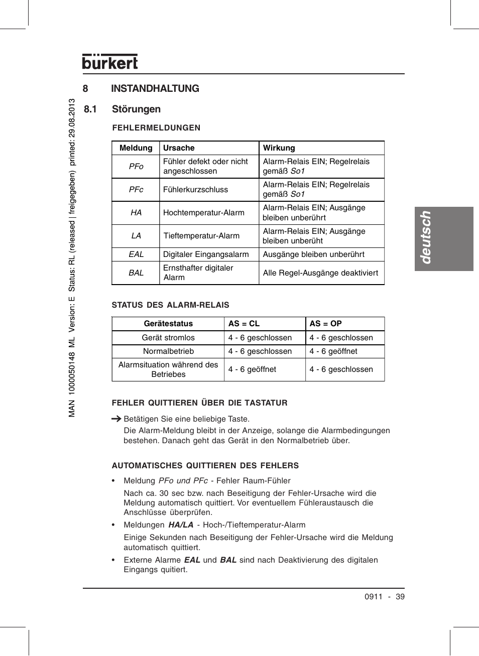 Deutsc h, 8instandhaltung 8.1 störungen | Burkert Type TAT002 User Manual | Page 41 / 64