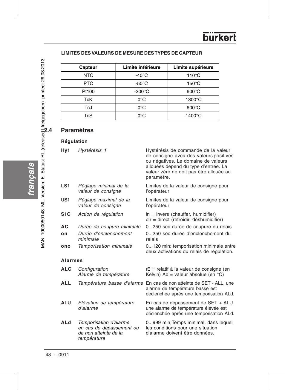 Français, 4 paramètres | Burkert Type TAT002 User Manual | Page 50 / 64