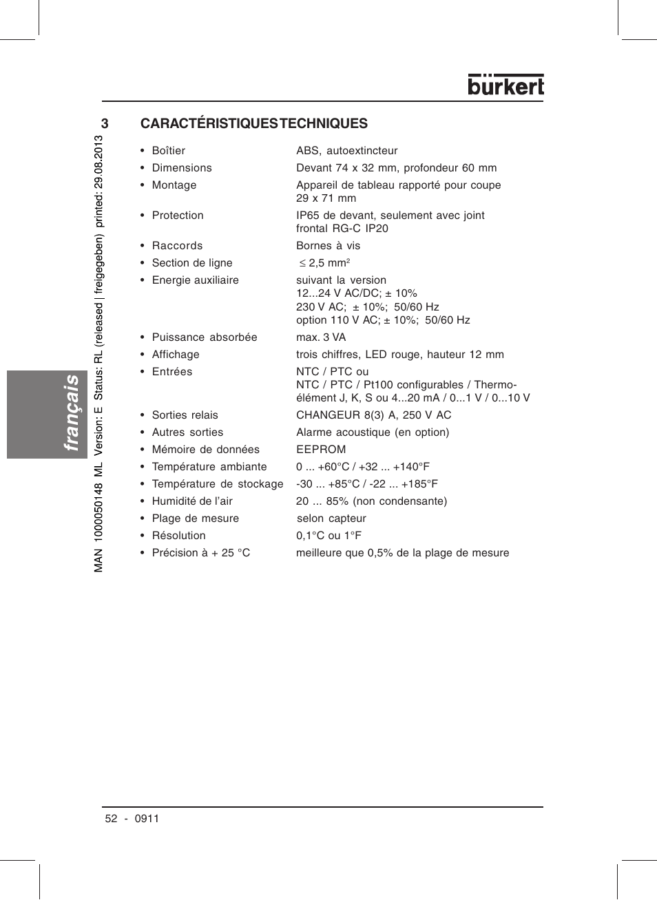 Français, 3caractéristiques techniques | Burkert Type TAT002 User Manual | Page 54 / 64