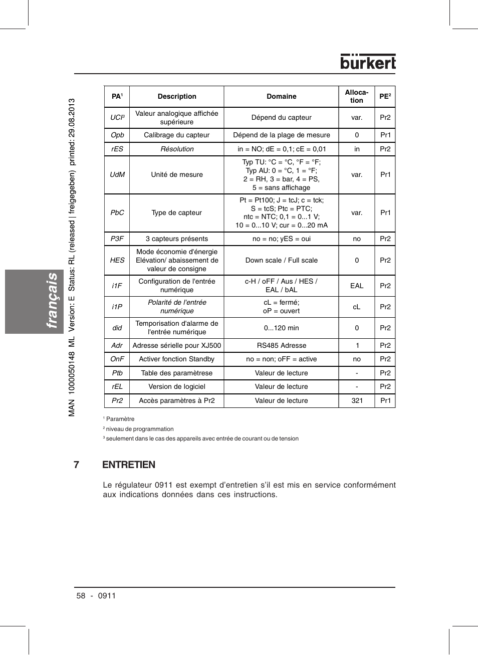 Français, 7entretien | Burkert Type TAT002 User Manual | Page 60 / 64