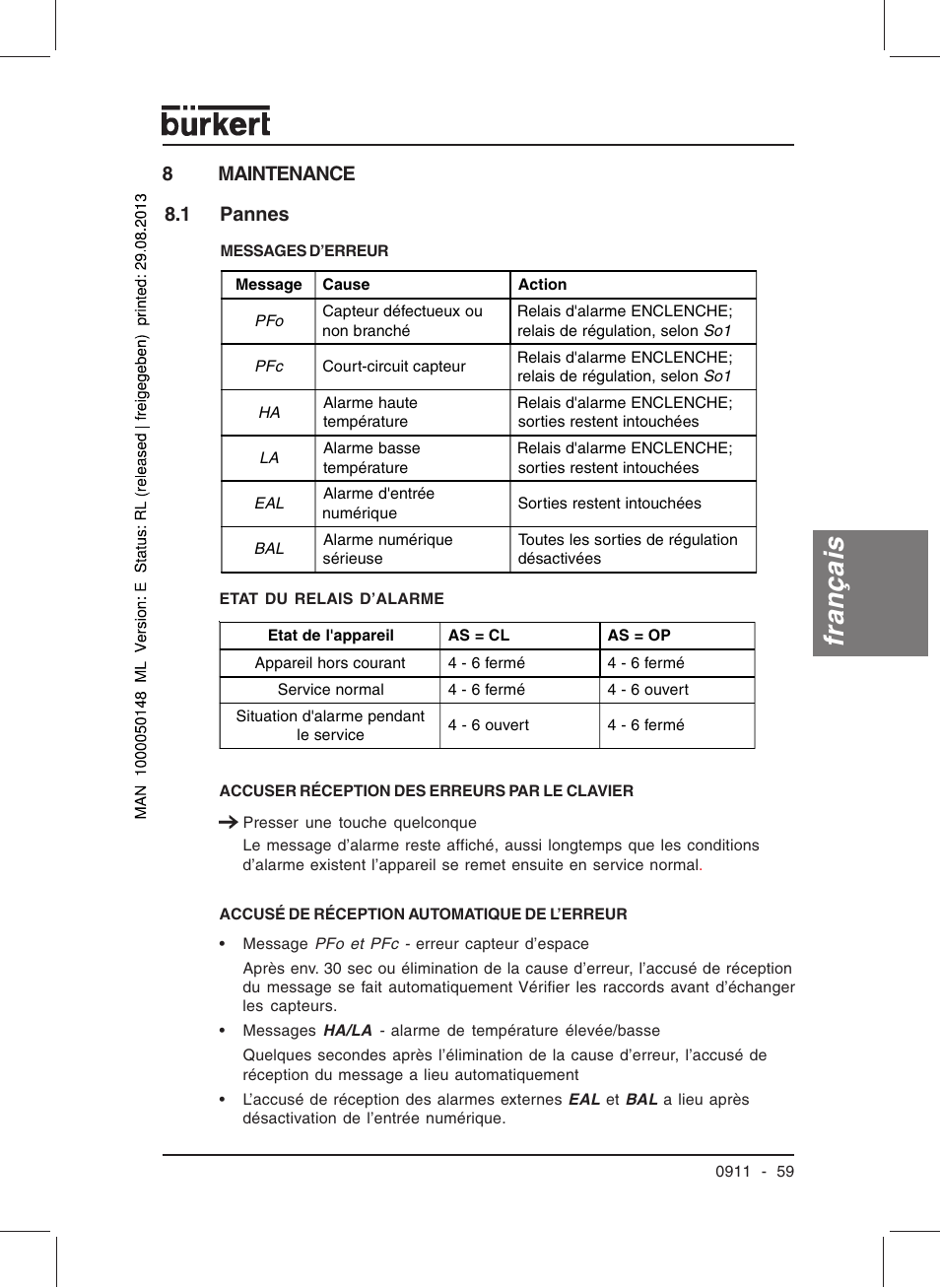 Français, 8maintenance 8.1 pannes | Burkert Type TAT002 User Manual | Page 61 / 64
