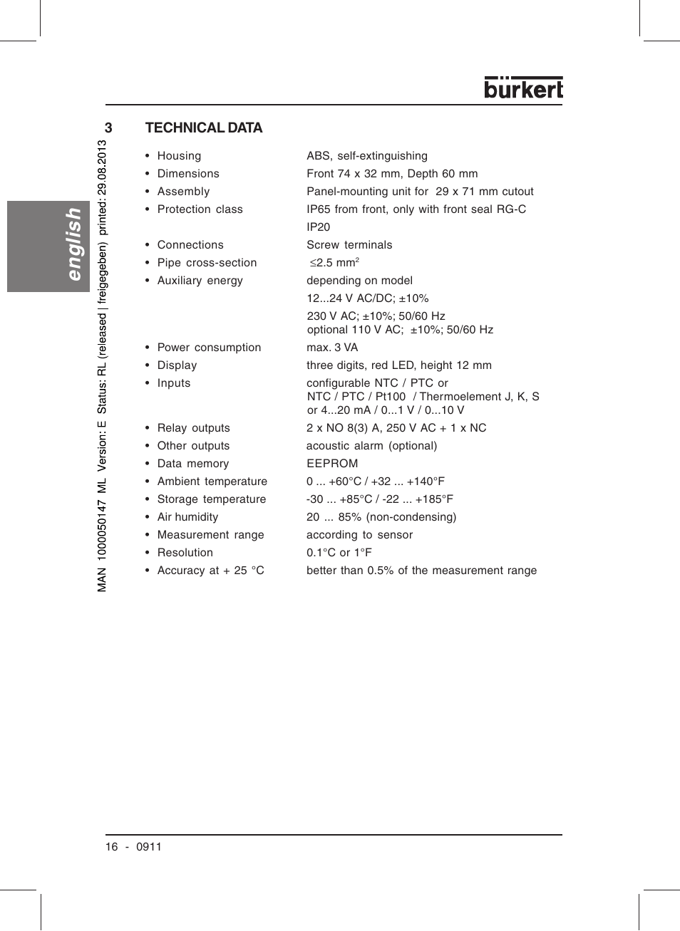 English, 3technical data | Burkert Type TAT002 User Manual | Page 18 / 84