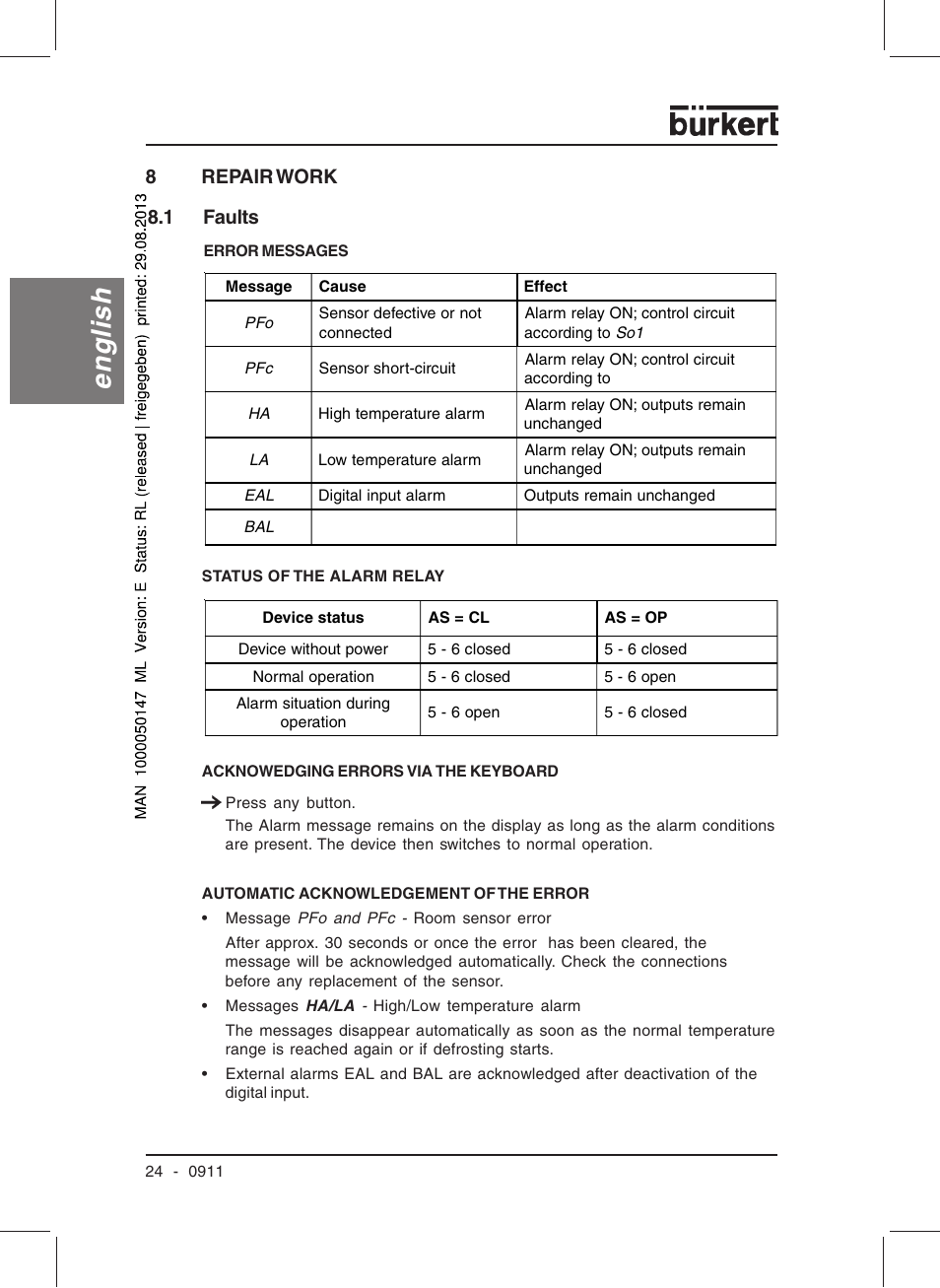 English, 8repair work 8.1 faults | Burkert Type TAT002 User Manual | Page 26 / 84